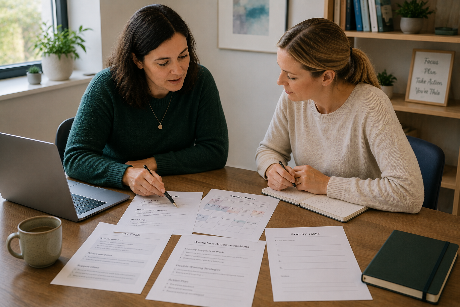 Adult occupational therapy planning session with written goals and practical resources