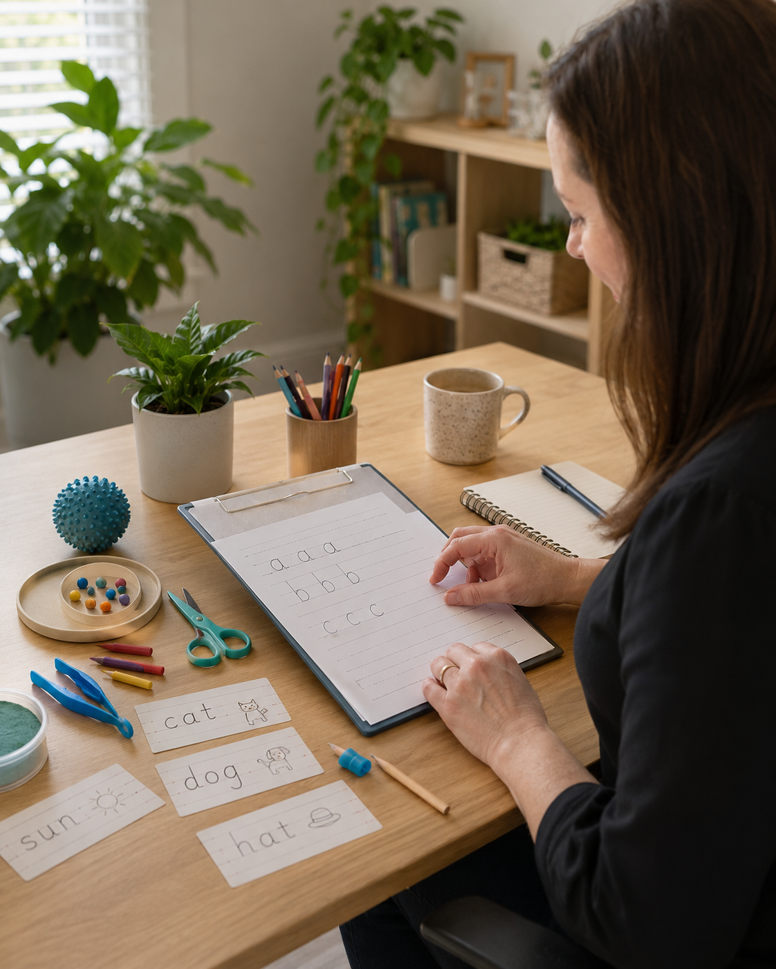 Handwriting and fine motor activity set up on a desk