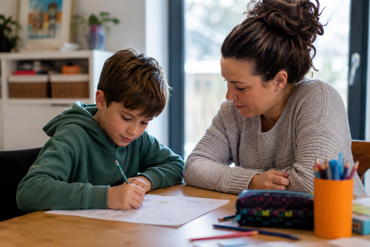 Child and adult working together in a relaxed home or school setting