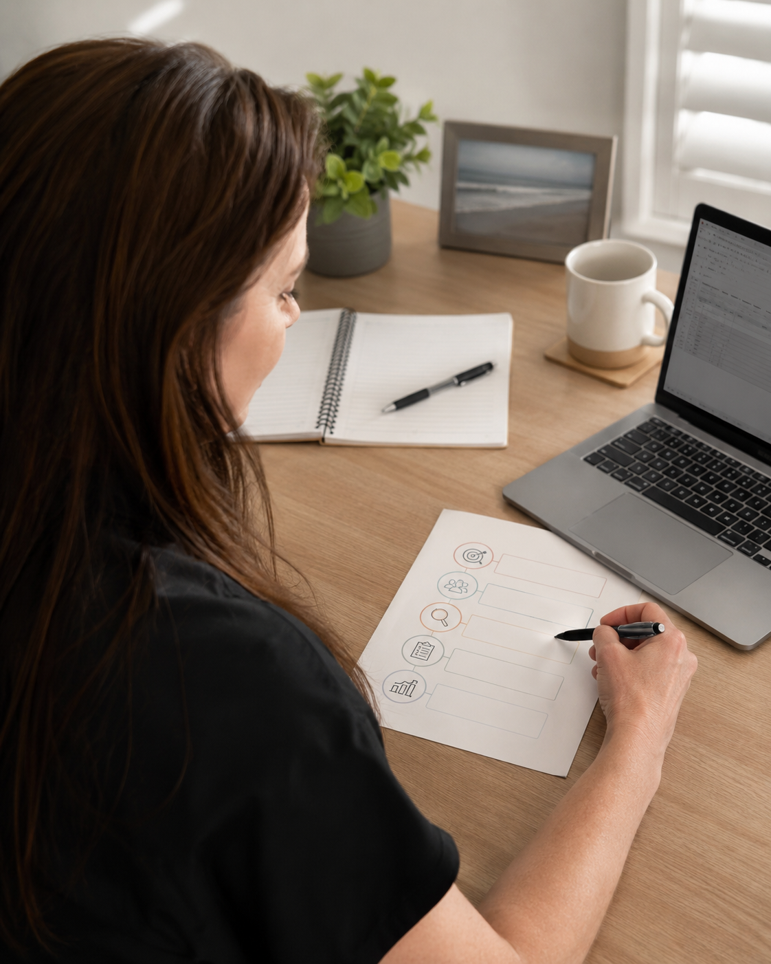 Déarbhla writing notes beside a laptop during an occupational therapy planning session