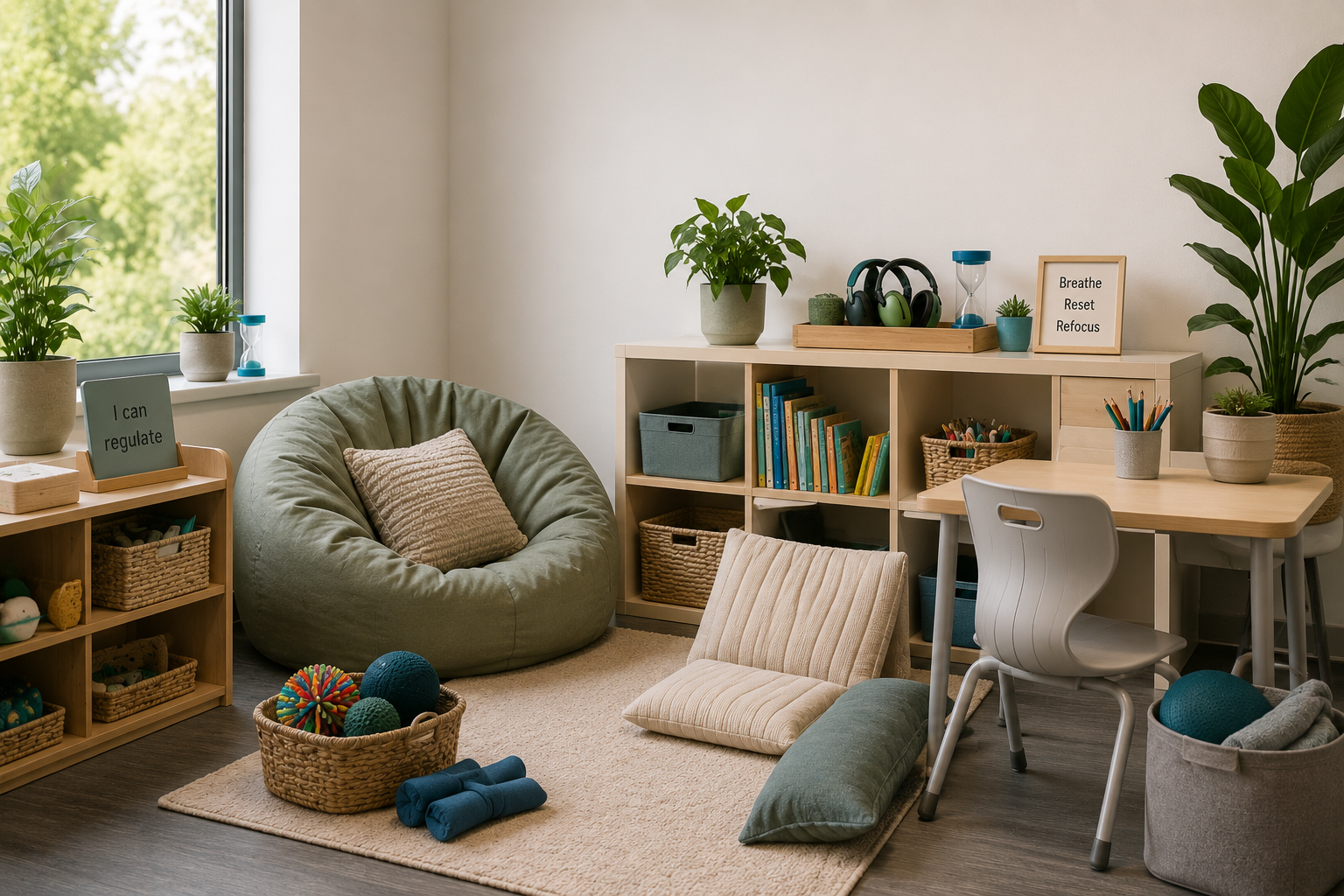 Calm sensory support space with seating, plants and regulation resources