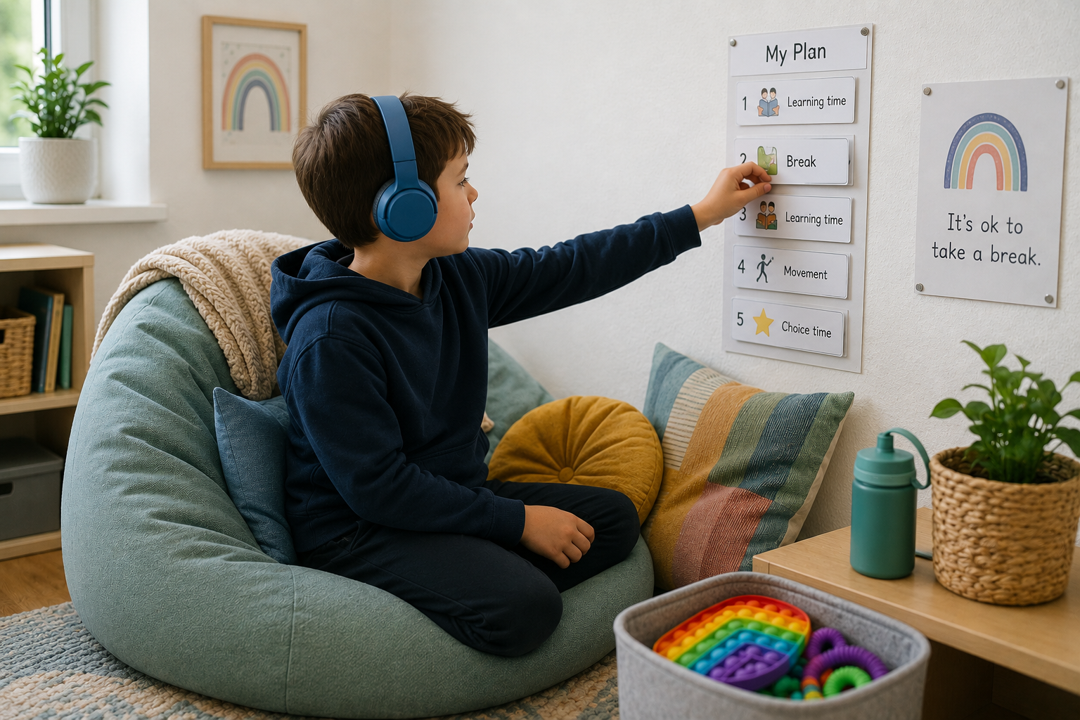 Calm sensory regulation space with supportive tools
