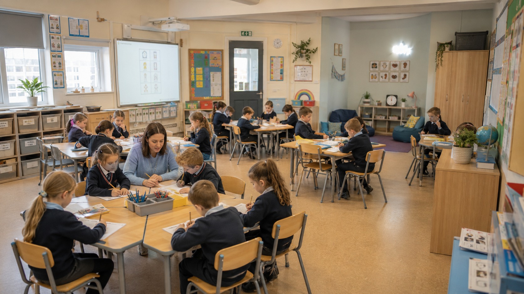 Irish primary classroom with pupils working at tables and a calm corner at the back of the room.